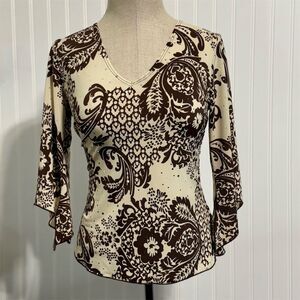 Y2K Fitted S Brown Cream‎ Sequin Bell Sleeve Top V-Neck Paisley Print Boho Glam